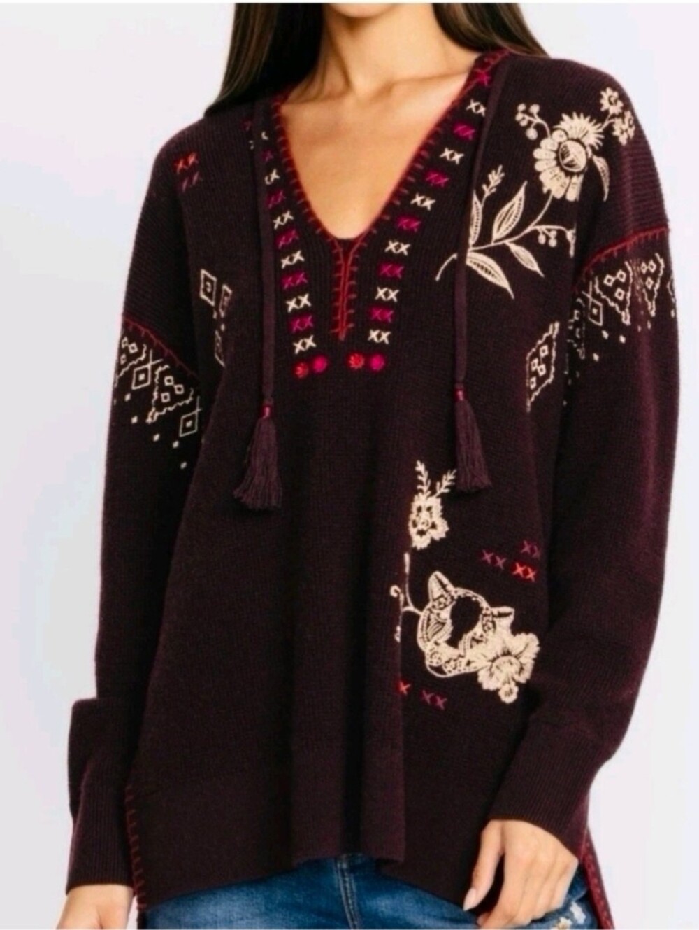 NWT. Johnny Was Ivey Baja Pullover Wool & Cashmere Eggplant Boho Sweater. SZ XL